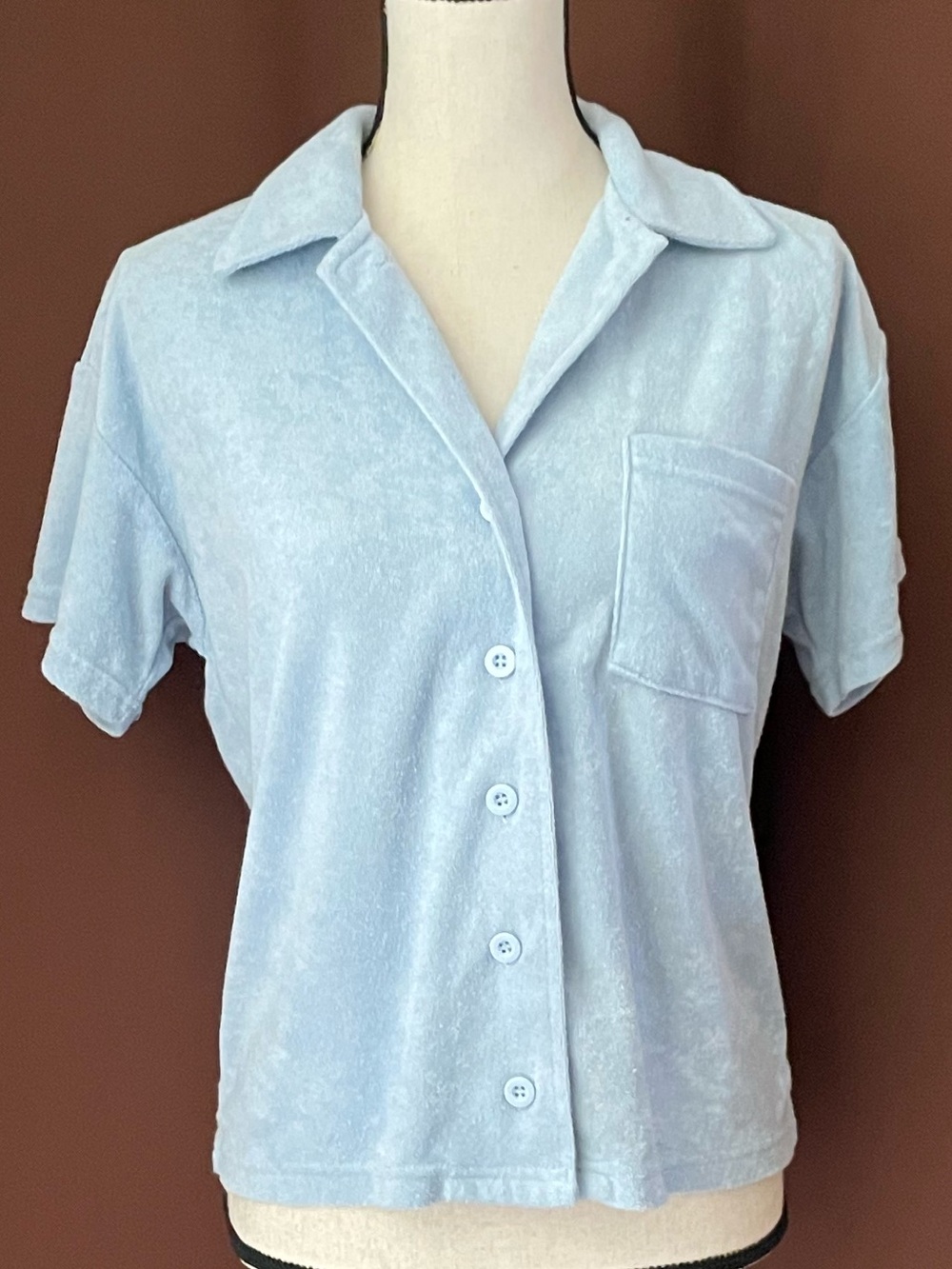 Forever 21 blue short-sleeve terry cloth button-front coastal shirt pocket S